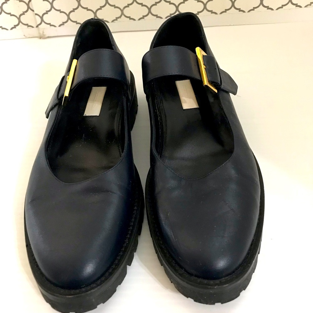 Suzanne Rae Navy Mary Jane Lug Sole Flats with Gold Buckle Size 39 - Picture 2 of 12